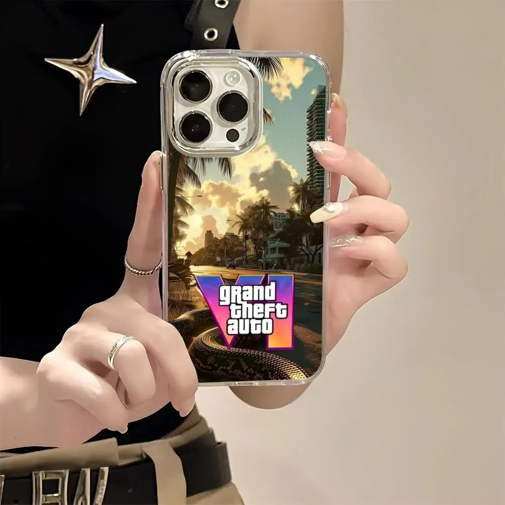 R-rockstar Gta 6 Grand Theft Auto Phone Case For Iphone 17 16 15 14 13 12 11 Pro Max Xr Air Plus Silicone Cover Silver Hard She