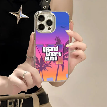 R-rockstar Gta 6 Grand Theft Auto Phone Case For Iphone 17 16 15 14 13 12 11 Pro Max Xr Air Plus Silicone Cover Silver Hard She