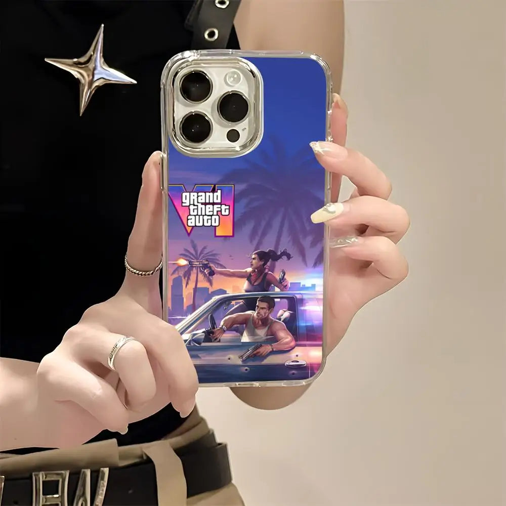 R-rockstar Gta 6 Grand Theft Auto Phone Case For Iphone 17 16 15 14 13 12 11 Pro Max Xr Air Plus Silicone Cover Silver Hard She