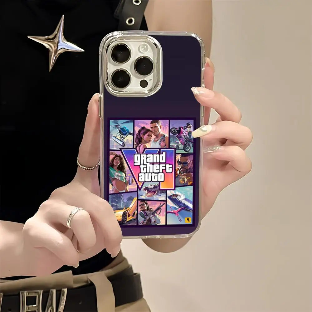 R-rockstar Gta 6 Grand Theft Auto Phone Case For Iphone 17 16 15 14 13 12 11 Pro Max Xr Air Plus Silicone Cover Silver Hard She