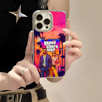 R-rockstar Gta 6 Grand Theft Auto Phone Case For Iphone 17 16 15 14 13 12 11 Pro Max Xr Air Plus Silicone Cover Silver Hard She