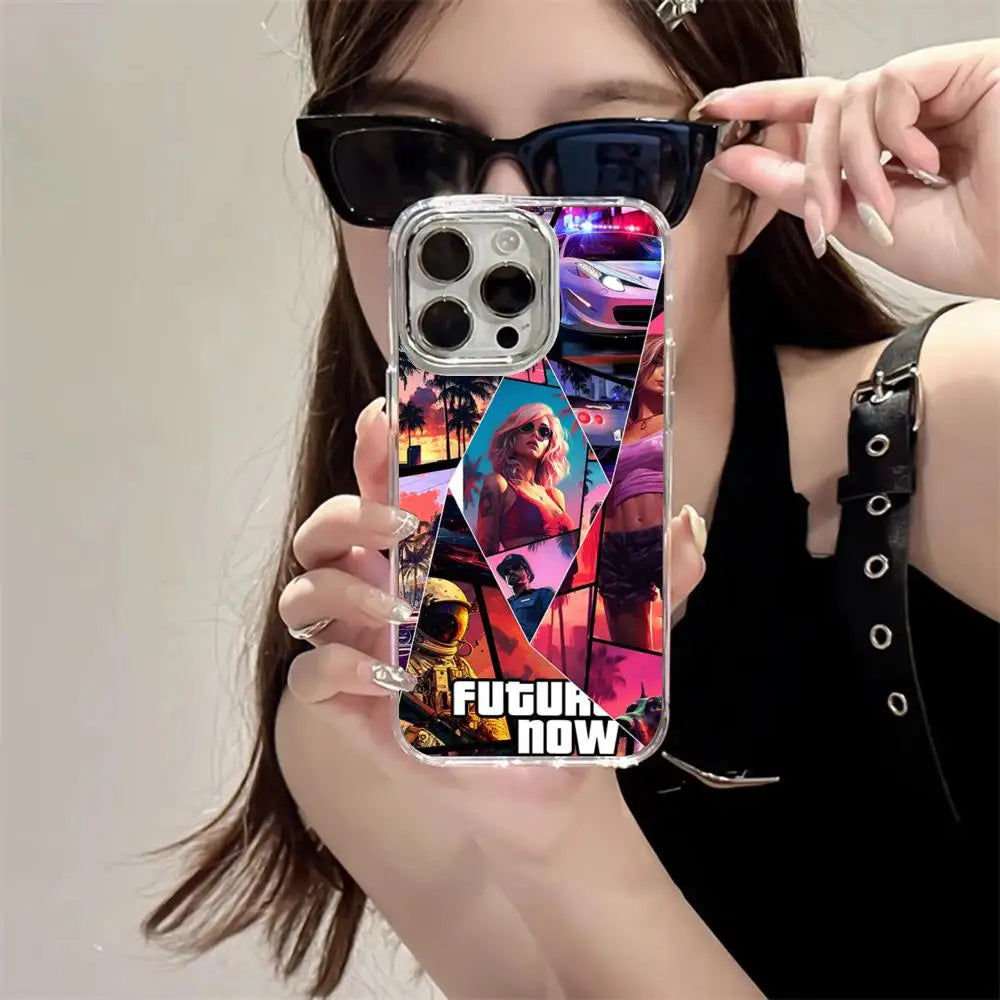 R-rockstar Gta 6 Grand Theft Auto Phone Case For Iphone 17 16 15 14 13 12 11 Pro Max Xr Air Plus Silicone Cover Silver Hard She
