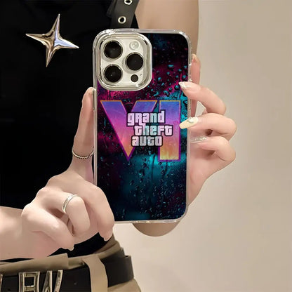 R-rockstar Gta 6 Grand Theft Auto Phone Case For Iphone 17 16 15 14 13 12 11 Pro Max Xr Air Plus Silicone Cover Silver Hard She