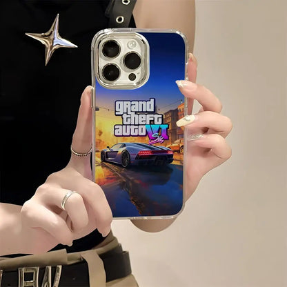 R-rockstar Gta 6 Grand Theft Auto Phone Case For Iphone 17 16 15 14 13 12 11 Pro Max Xr Air Plus Silicone Cover Silver Hard She