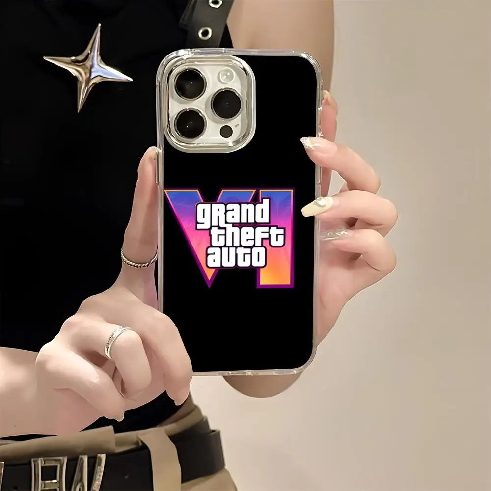R-rockstar Gta 6 Grand Theft Auto Phone Case For Iphone 17 16 15 14 13 12 11 Pro Max Xr Air Plus Silicone Cover Silver Hard She